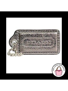 COACH POPPY HANG TAG 2.5" Dark Silver Crackle Leather Bag Charm Keychain Fob